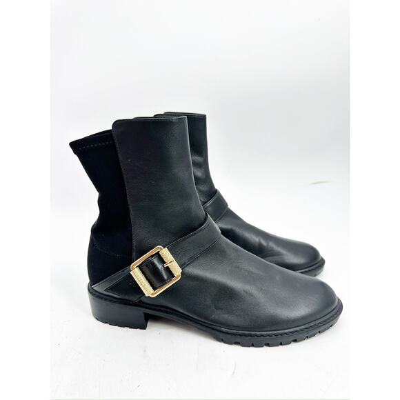 Stuart Weitzman Black Leather City Gold Buckle Heeled Ankle Booties Size 6.5 - Picture 2 of 6